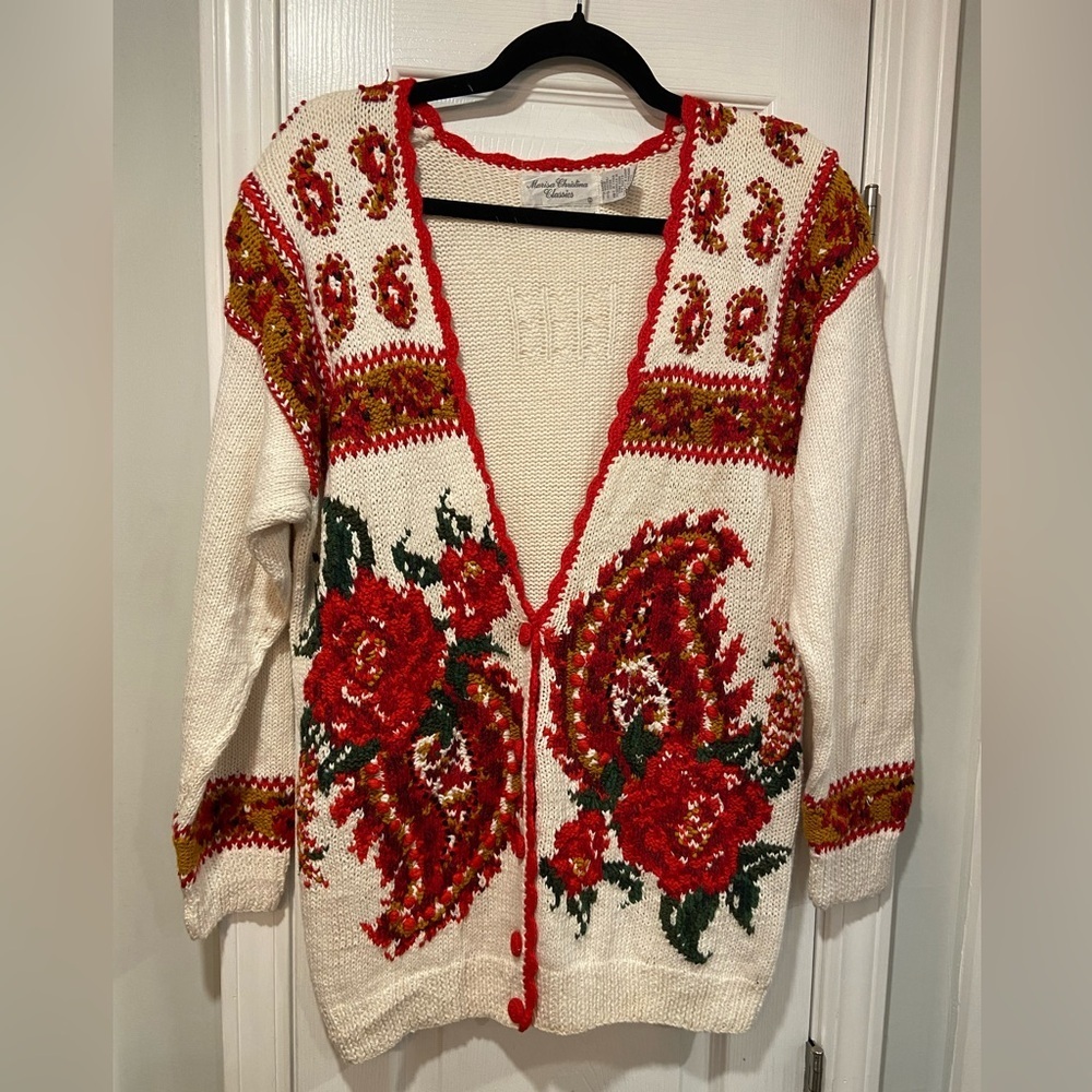 Vtg Marisa Christina Size M Hand Knit Rose Paisley Cardigan Tapestry Sweater